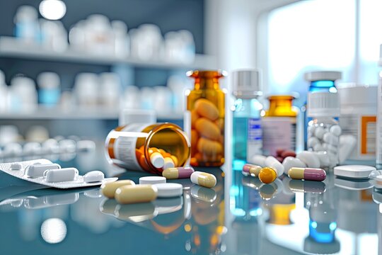 Tablets, pills, various medicaments, broad spectrum of medicines. Weight loss medication, antiviral drugs combat infections. Nurses give Natural remedies and alternative healing methods medications.