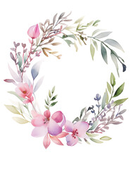 Watercolor illustration of a wreath featuring purple leaves, pink flowers, and green leaves, on white background