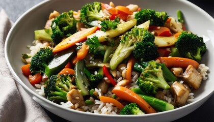A plate of rice and vegetables with broccoli and carrots