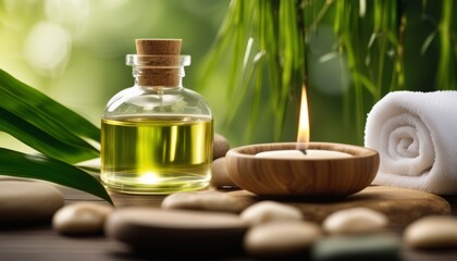 Obraz na płótnie Canvas Aromatherapy oils and candles on a table