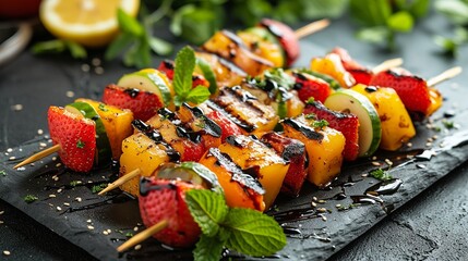 Grilled fruit kabobs with a glossy balsamic glaze