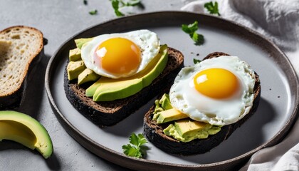 Two toast with avocado and egg on top