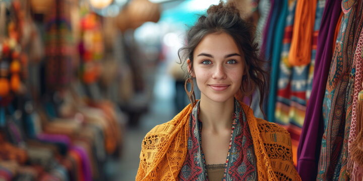 A smiling woman poses in front of a clothing store, wearing a fashionable outfit. Behind her, there is a busy street and mannequins with different styles