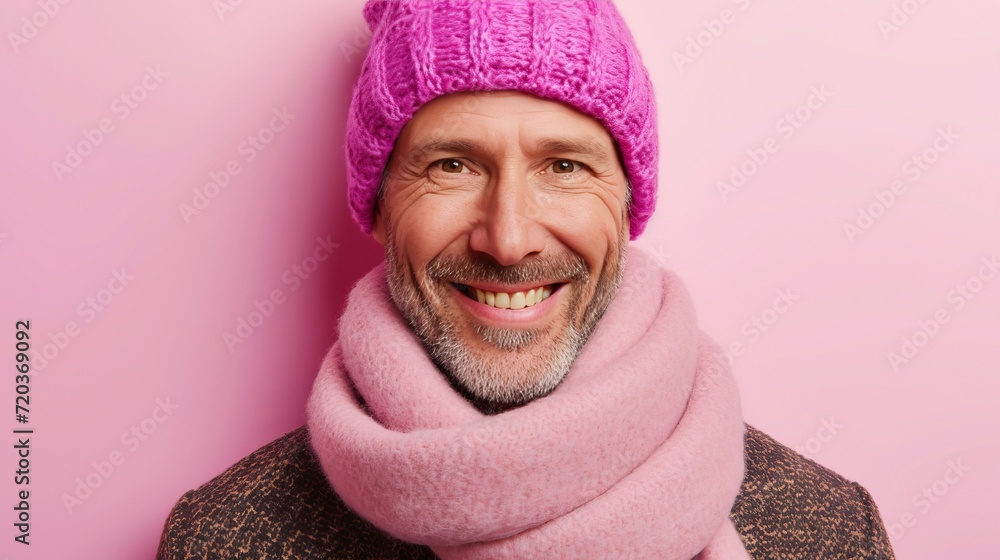 Poster Cheerful man wearing scarf and knitted hat isolated on pastel background with space for text