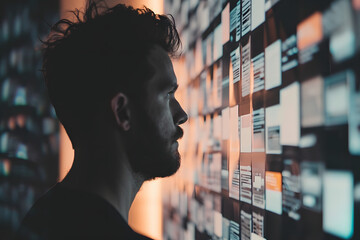 a man looking at a screen with a screen with folders - obrazy, fototapety, plakaty