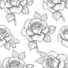 Abstract seamless pattern with roses. Beautiful blossoming hand drawn flower on white background. Line art wallpaper. Vector stock illustration.