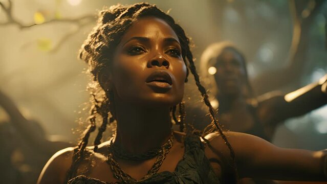 A strong African woman propped up by her powerful arms across a tree branch her agile limbs levitating her body in perfect balance