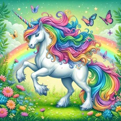 Adorable Unicorn with Flowers and Butterflies, Isolated in a Captivating Illustration, Radiating Cuteness and Enchanting Fantasy. Generative Ai