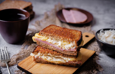 Reuben sandwich with ham, sauerkraut and cheese
