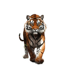 A Fierce and Beautiful Tiger Prowling Through a Jungle.. Isolated on a Transparent Background. Cutout PNG.