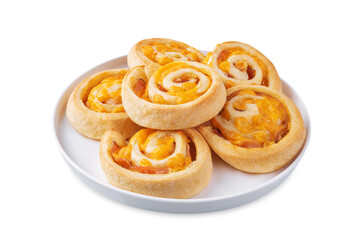 Bacon Cheddar cheese roll cake pinwheel on a white isolated background