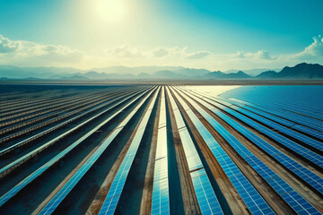 Aerial view of a massive solar farm, futuristic energy theme - obrazy, fototapety, plakaty