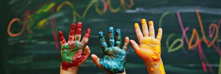 Children's hands painted in bright colors on a blackboard background. Childhood concept. Kindergarten concept with Copy Space. elementary school concept.