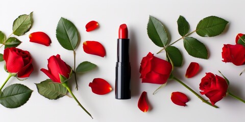 lipstick and rose petals on a white background beauty concept Generative AI