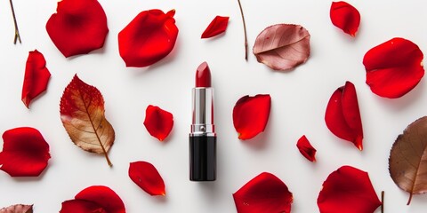lipstick and rose petals on a white background beauty concept Generative AI