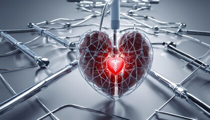 A heart with a red heart in the middle is surrounded by wires - obrazy, fototapety, plakaty