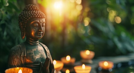 buddha statue with candles in nature Generative AI