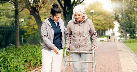 Senior woman, walker and nurse outdoor in a park with healthcare for elderly exercise. Walking, healthcare professional and female person with peace and physical therapy in a public garden with carer - obrazy, fototapety, plakaty