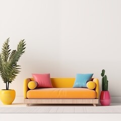 modern calm living room with sofa and mockup for painting, empty space for text 