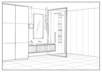 Line sketch modern bathroom interior design. Vector outline drawing washroom, shower cabin, bathtub, sink, mirror, fittings, sanitary ware, equipment. Interior of a room for spa procedures.