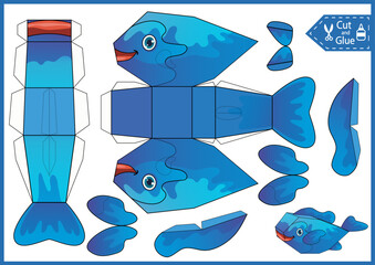 Cut out paper 3d toy of fish. Children easy handmade papercraft. Education activity printable page. DIY craft toys cute sea animals birthday decor. 