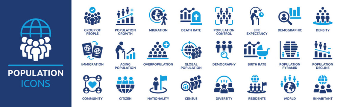 Population icon set. Containing demographic, citizen, group of people, birth rate, residents, census and more. Solid vector icons collection.
