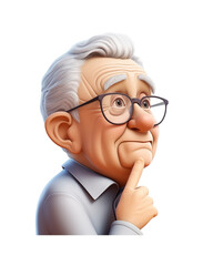 Closeup of contemplating senior man in glasses, looking to side. 3D rendering illustration	
