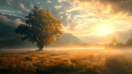 Fototapeta na wymiar Landscape of natural long shot with beautiful sunlight. Generative AI