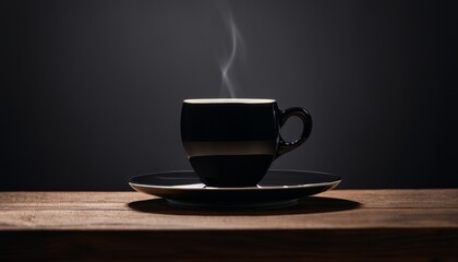 A black and white coffee cup on a saucer