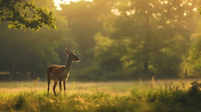 A natural landscape with sun nature light, deer animal wild life wallpaper background. Generative AI © Alice a.
