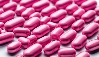 Obraz na płótnie Canvas A pile of pink pills on a white background
