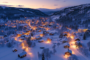 Drone photo of a snow-covered village, warm lights twinkling at dusk - obrazy, fototapety, plakaty