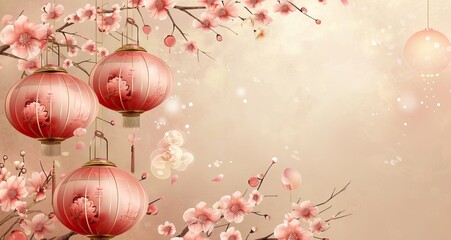 Happy Chinese New Year Background template. Luxury emerald color background with chinese ornament. Red Asian latterns lamp with clouds and frame for your design. AI generated illustration - obrazy, fototapety, plakaty