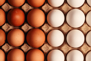 Photograph of egg carton with white eggs and brown eggs. Food concept.