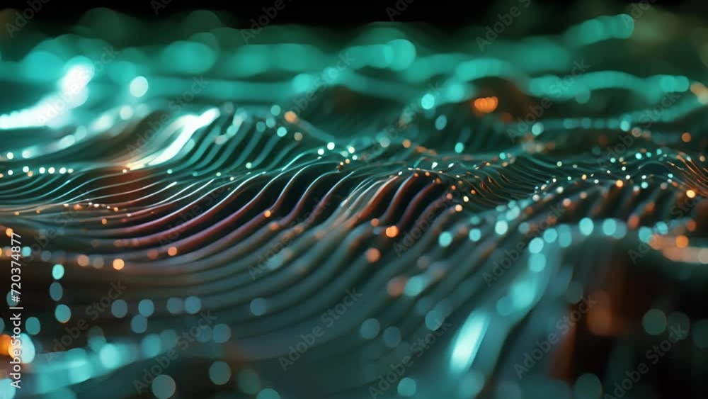 Poster Wavy lines in neon shades of green and blue intersecting and creating a dynamic and fluid composition.