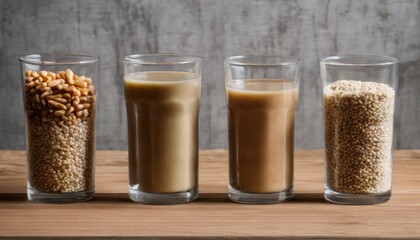 Three glasses of beverages with grains in them
