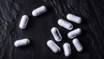 A bunch of white pills on a black surface