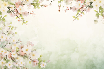 Fototapeta na wymiar Serene Spring Elegance: Gentle Watercolor Cherry Blossoms and Sprigs Frame on Soft Green Watercolor Background, Perfect for Wedding Stationery and Delicate Design Projects
