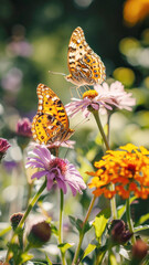 Obraz premium Butterflies with intricate patterns on vibrant flowers, natural background