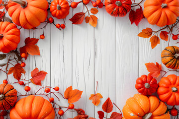 a white wooden background filled with pumpkins and leaves