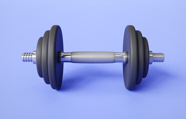 Obraz premium Dumbbell on purple background. Sport equipment. Gym time concept. 3d-rendering