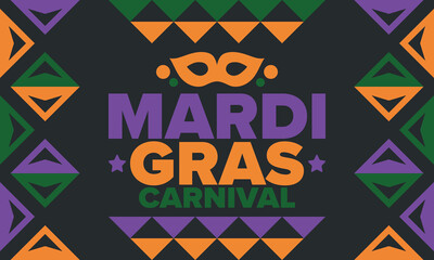 Mardi Gras Carnival in New Orleans. Fat Tuesday. Traditional holiday, celebration annual. Folk festival, costume masquerade, fun party. Carnival mask. Poster, card, banner and background. Vector - obrazy, fototapety, plakaty