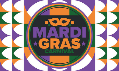 Mardi Gras Carnival in New Orleans. Fat Tuesday. Traditional holiday, celebration annual. Folk festival, costume masquerade, fun party. Carnival mask. Poster, card, banner and background. Vector