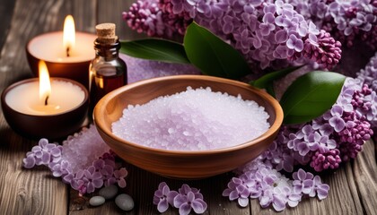 Fototapeta na wymiar A wooden table with a bowl of salt, a bottle of oil, and purple flowers