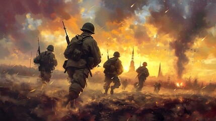 Paint art watercolor sketch of World war 2 in history illustration design.