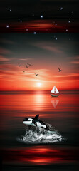 Illustration of seascape with ship, sunset, sea ​​whale and beautiful evening sea.