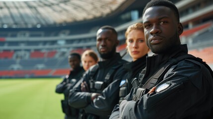 Security group with team security background. Security focus in football stadium