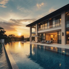 Architecture- luxury house with outside pool - obrazy, fototapety, plakaty