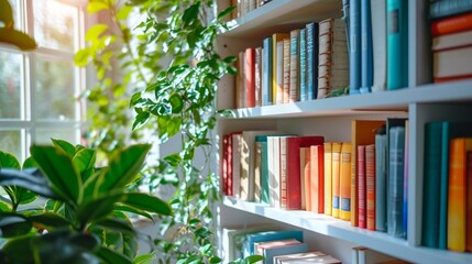 A bright and airy reading nook featuring a white bookshelf and vibrant plants. - obrazy, fototapety, plakaty