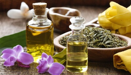 Obraz na płótnie Canvas Aromatic oils and herbs on a wooden table